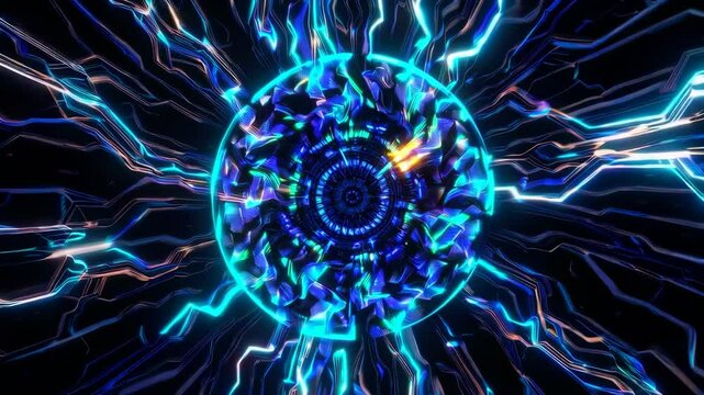 Luminous circular core radiating vibrant energy, generating electric discharges spreading dynamically across pulsating light network, creating mesmerizing visual effect