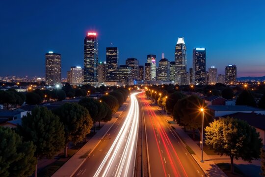 Detail of downtown Bakersfield with modern skyscrapers and vibrant city lights at night, aerial view, buildings