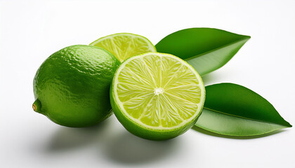 lime fruit with fresh green leaves on a white background vibrant