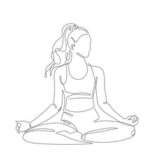 A minimalistic one-line drawing of a beautiful woman in the lotus yoga pose, white background, continuous soft curves and elegant simplicity, vector illustration