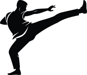 Black and white silhouette of a martial artist performing a high kick, symbolizing strength, self-defense, and discipline, ideal for sports, fitness, and martial arts themes