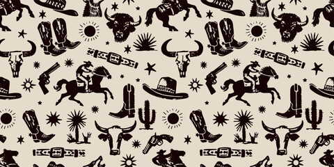 Western Cowboy Gear and Rodeo Illustrations Seamless Pattern
