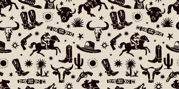 Western Cowboy Gear and Rodeo Illustrations Seamless Pattern