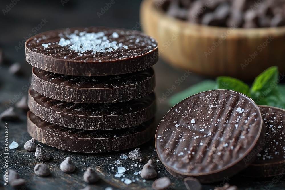 Aufkleber Dark chocolate disks with sea salt and mint arranged on a rustic table with cocoa nibs in the background