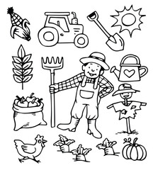 Doodle icons for farming. Set of hand-drawn elements isolated on white background	