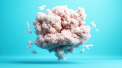 A large fluffy light-pink cloud-like mass elegantly floats against a serene solid light-blue background with smaller pieces drifting around it beautifully
