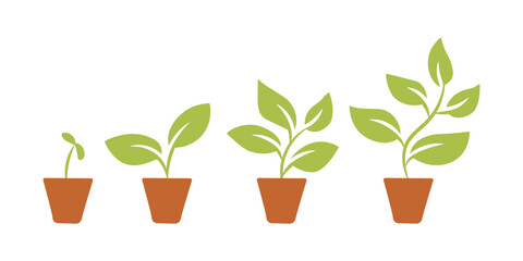 Vector set of sprouting plants in pots, representing growth, renewal, and environmental consciousness. Suitable for a variety of design projects focused on nature, sustainability, and positive change.