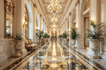 Fototapeta premium Elegant palace hallway with chandeliers, gilded decor, marble flooring, and lush green plants. Classic luxury interior with a sophisticated ambiance. Ai generative