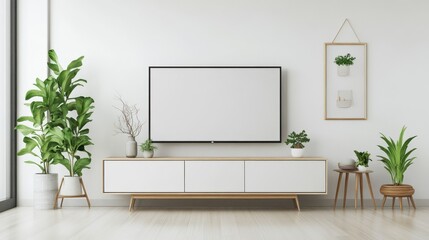 Minimalist living room interior with white wall background and TV cabinet, minimalist, living room, interior decor, white illustration