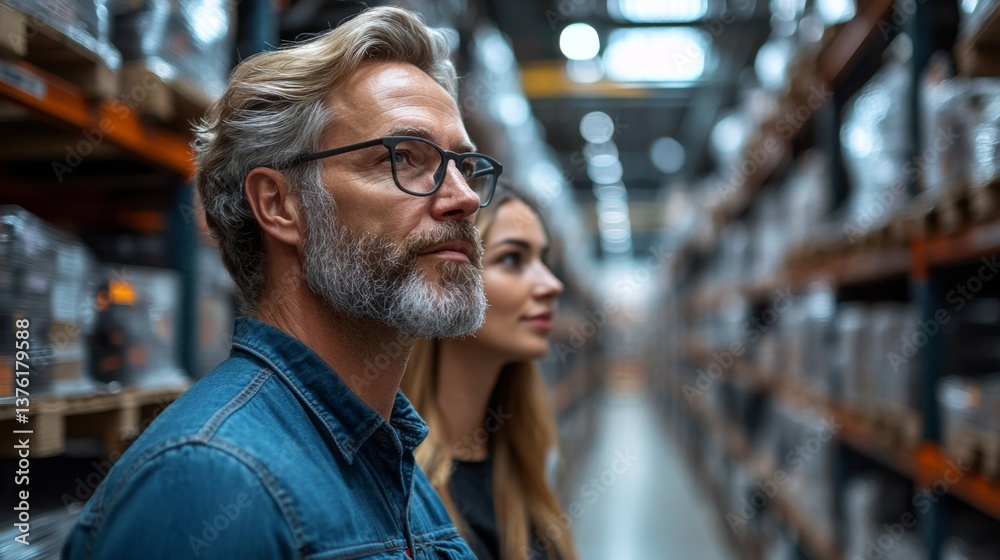Poster Two professionals evaluate the organization and automation within a logistics center focused on enhancing mobility and fulfillment processes amidst extensive storage systems.