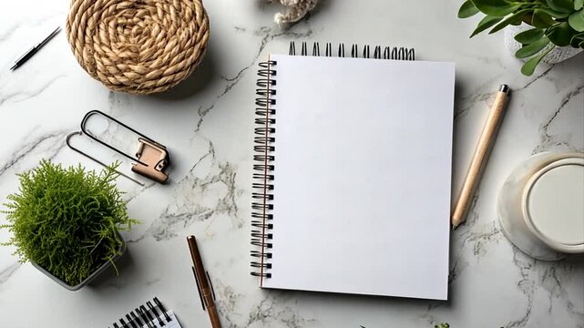 Creative workspace composition with blank notebook nestled amidst organic elements on a textured surface ideal for showcasing designs