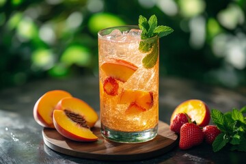 Refreshing Summer Cocktail With Peach and Strawberry in a Vibrant Outdoor Setting