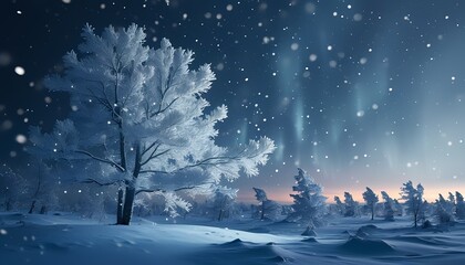 Winter Night With Snowy Trees And Aurora Glow