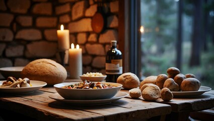 Cozy mountain cabin dining table with wild mushroom stew and bubbling sourdough starter