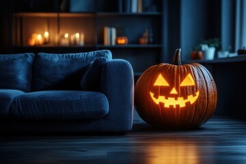 Obraz premium Spooky season ambiance: A glowing jack-o'-lantern sits beside a dark blue sofa in a dimly lit room.