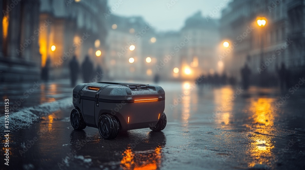 Poster robotic delivery device moves through a wet city street illuminated by ambient street lights, showca