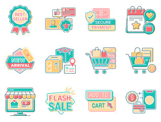 Colorful e-commerce icons representing sales, payments, and shopping features