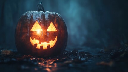 Naklejka premium Glowing Jack-o'-lantern in a dark, misty forest. Spooky Halloween scene.