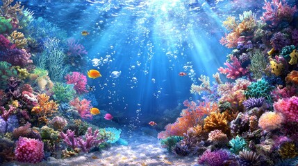 Fototapeta premium Underwater Coral Reef Scene with Colorful Fish and Sunbeams