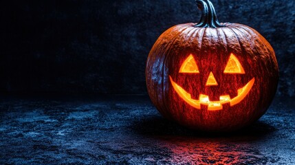 Naklejka premium Lit Jack-o'-lantern on dark background. Glowing Halloween pumpkin with carved face. Festive autumn decoration.