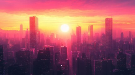 Fototapeta premium Gradient texture on a futuristic cityscape at sunset, glow, gradient illustration