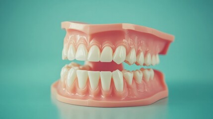 Fototapeta premium A pair of dental models showcasing teeth, set against a soft blue background, emphasizing oral health and dental care. illustration