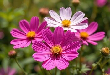 Obraz premium A field of bright pink and white cosmos flowers with the sun shining down on them