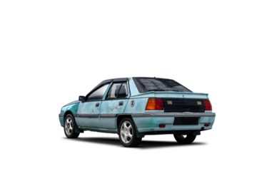 Old rusty blue car isolated on transparent background