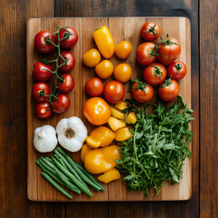 Fresh tomatoes and herbs on a wooden table with vegetables and ingredients for a healthy meal