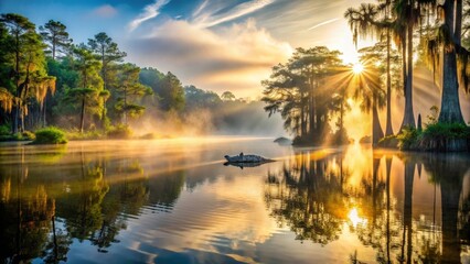Serene Sunrise Over Misty Lake with Cypress Trees and a Weathered Log