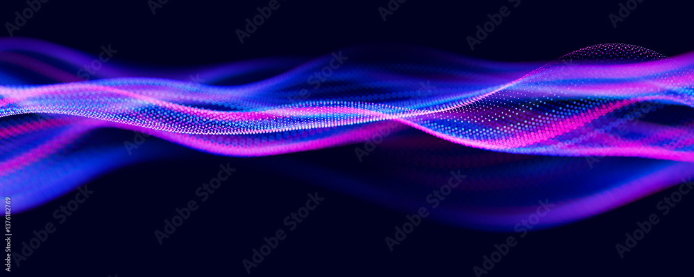 Poster Abstract wave of particles. Big data digital flow concept. LLM learning process, AI technology. Quantum computing. 
