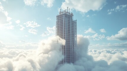 Fototapeta premium A towering, unfinished skyscraper rests atop a fluffy cloud formation against a bright blue sky.