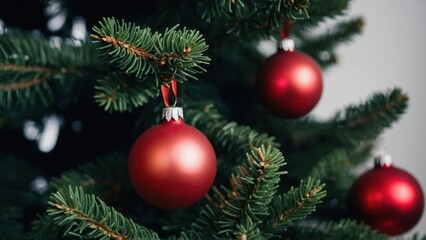 Close-up of a Christmas Tree with Red Ornaments, showcasing festive decor and holiday spirit.