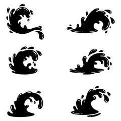 Set of black silhouettes of splashes and waves in abstract shapes representing water, liquid motion and fluid dynamics, isolated on white background. Vector illustration