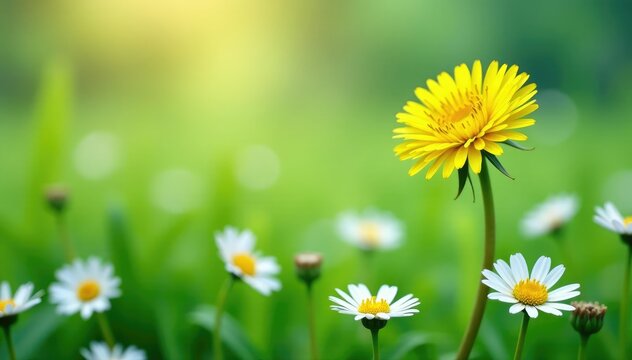 Lone bright yellow dandelion amidst white daisies, nature, bloom, contrast