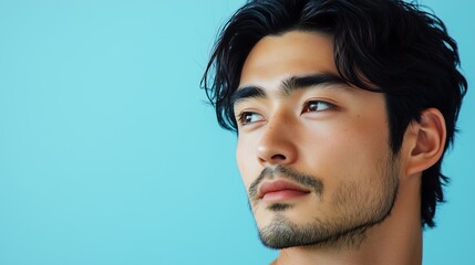 Obraz premium Handsome young Asian man with dark hair and beard looking thoughtfully upward against a light blue background