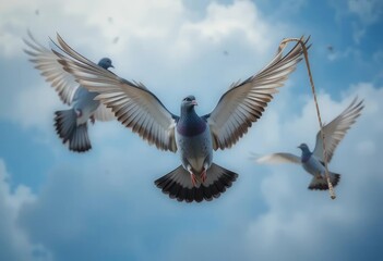 Two different photos of birds flying over mountains and the sky
