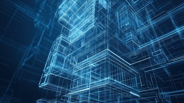 A futuristic concept of a modern multi-story building design, showcasing architectural details in a blueprint style. This image embodies innovation, urban planning, and technological advancement in c