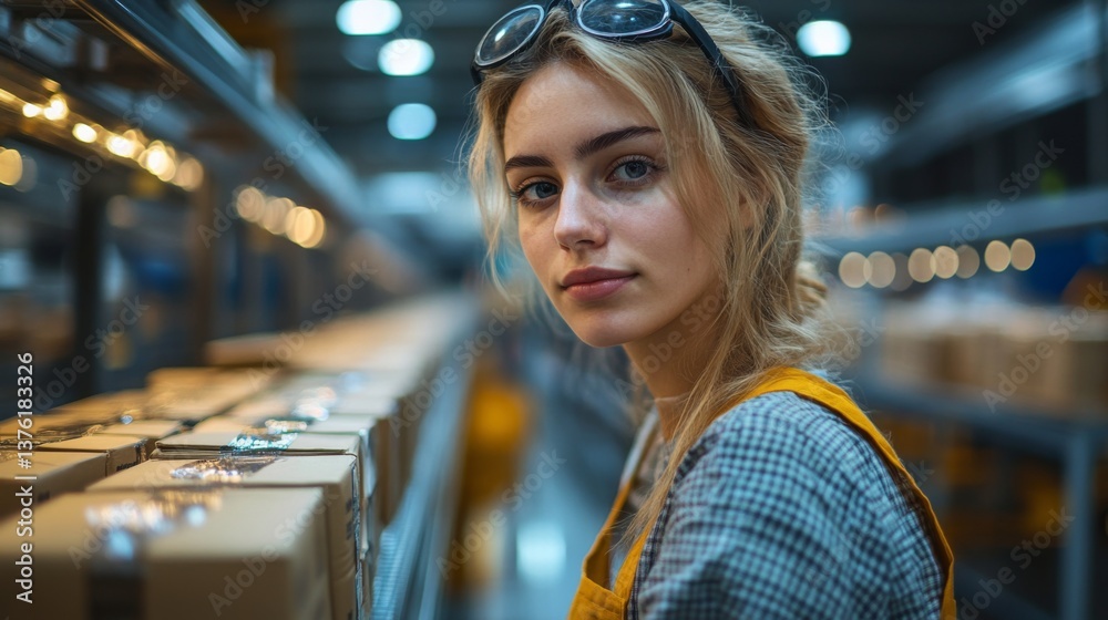 Aufkleber a young woman in a warehouse setting is checking packages on the shelves as part of the logistics op