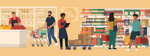 Customers and workers at the grocery store