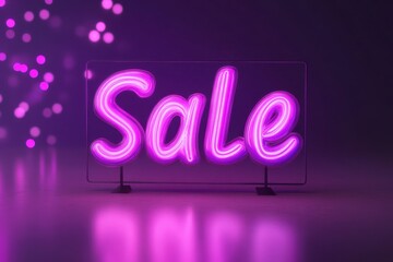 Bright neon sale sign glowing in vibrant purple light during a promotional event at an indoor venue in evening hours