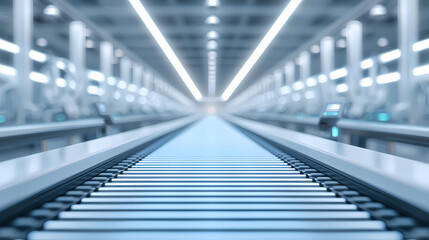 A futuristic conveyor belt in a high-tech facility, featuring a sleek design and illuminated surroundings, creating a sense of modern efficiency.