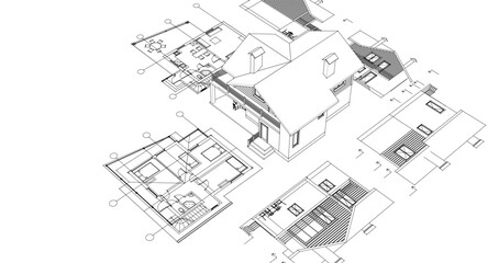 house architectural project sketch 3d illustration	
