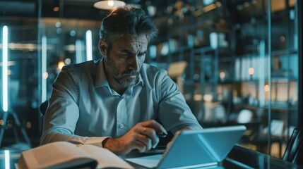 Businessman making financial decisions using a tablet at a modern workspace 