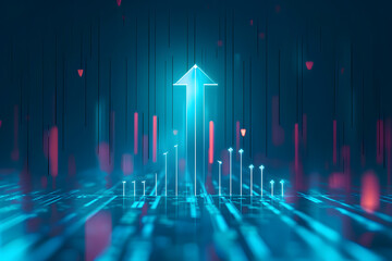 Digital technology of glowing arrows up diagonally in blue neon light. AI generated image