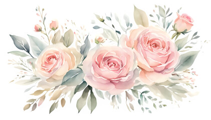 Fototapeta premium Watercolor Pink Roses Bouquet clipart, Elegant Floral Corner Arrangement, Blush Rose Botanical Composition, roses blush cliparts, roses illustrations