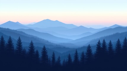 Obraz premium Misty mountain range at dawn with silhouettes of evergreen forests.