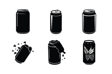 Black and white illustrations of various beer or soda cans.
