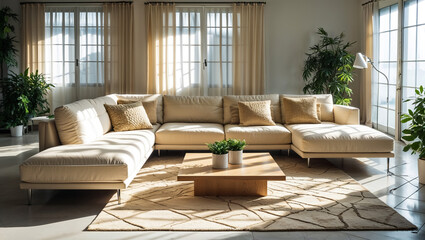 A sun-drenched living room, bathed in golden light, showcases a luxurious cream sectional sofa, inviting relaxation and peaceful moments.