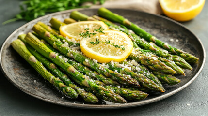 Cooked asparagus topped with parmesan and lemon, served on a vintage metal plate